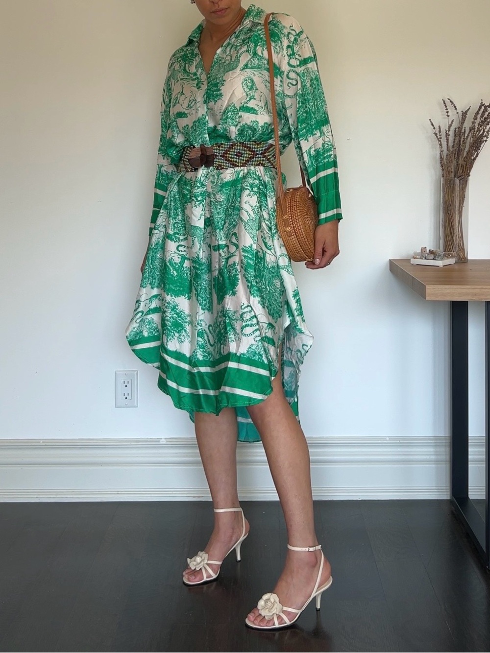 Green Printed Shirt Dress - Lightweight Women's Dress
